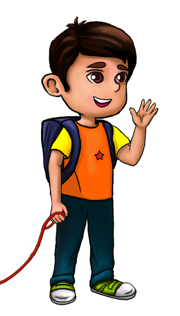 Character Image: a child with brown hair and brown eyes holding a red leash. They are waving at the viewer.