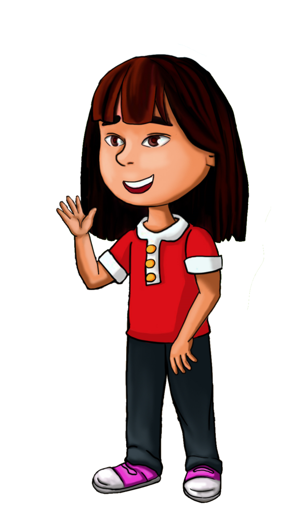 Character image: child with shoulder length brown hair and brown eyes. They are waving at the viewer.